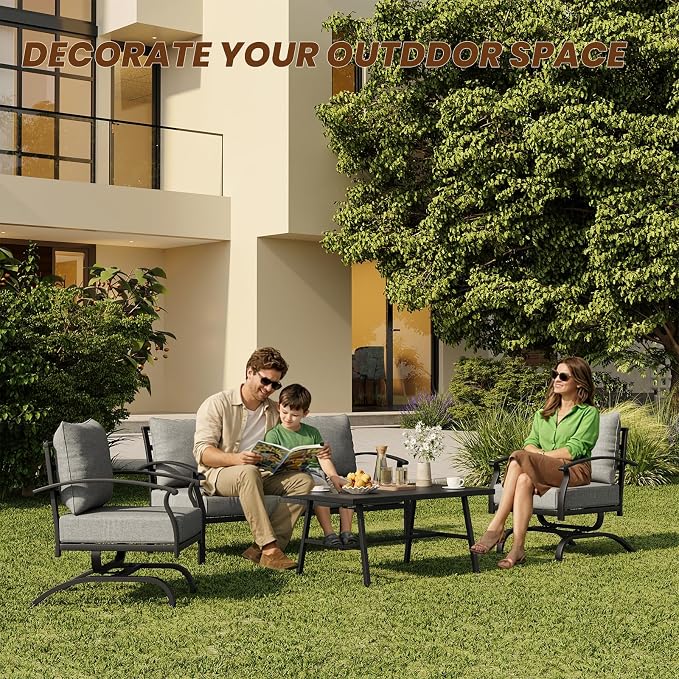 ALAULM 4 Piece Patio Furniture Set,Outdoor Metal Patio Furniture with Coffee Table & Rocking Chairs Conversation Set for Porch,Backyard,Poolside, Garden-Grey