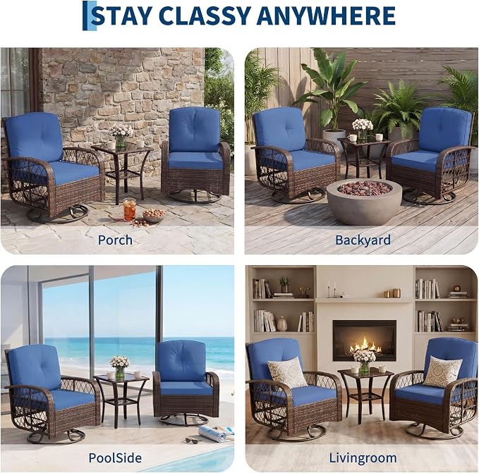 3-Piece Patio Furniture Set, 2 Swivel Rocking Chairs with 1 Rattan Side Table, Tempered Glass Tabletop, Patio Conversation Set for Deck, Porch, Garden, Poolside (Brown Wicker & Blue Cushions)