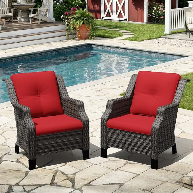 Outdoor Patio Chairs Set of 2, Wicker Patio Furniture with Thick Cushions, Curved Armrest, Deep Seating, Rattan Outdoor Chairs for Porch, Deck, Balcony
