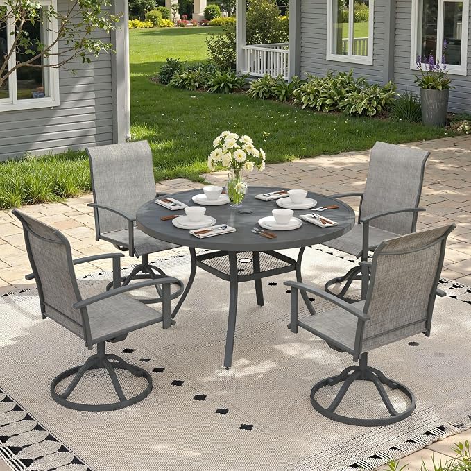 Outdoor Dining Table with Adjustable Umbrella Hole, 40.6" All-Weather Round Patio Dining Table for 4, Metal Patio Table with Storage Shelf for Garden Lawn Porch Deck Yard, Dark Grey