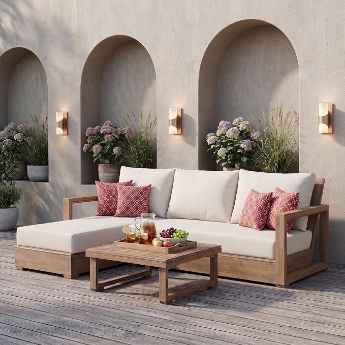 Christopher Knight Home 3-Seater L-Shaped Patio Sectional Sofa Set with Coffee Table, Acacia Wood Outdoor Furniture, Floor Seating Modular Couch Set for Backyard Porch Garden Balcony Deck, Beige+Brown