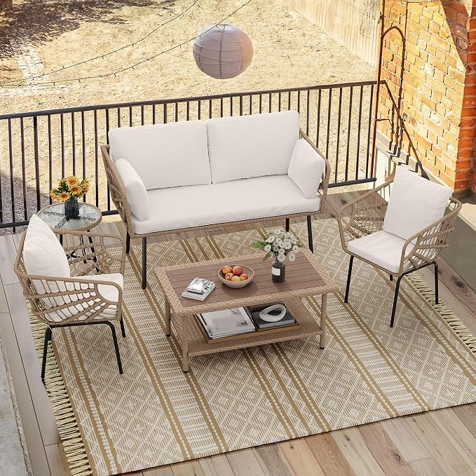 YITAHOME 2 Pieces Patio Furniture Set, All-Weather Wicker Loveseat with Thick Cushions & Rattan Table, Outdoor Conversation Set for Patio, Balcony, Backyard, Deck, Poolside