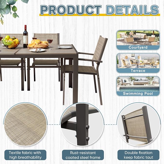 JUMMICO Outdoor Dining Set 7 Piece Patio Furniture Set with Weather Resistant Table and 6 Textilene Chairs for Yard, Deck and Poolside (Brown)