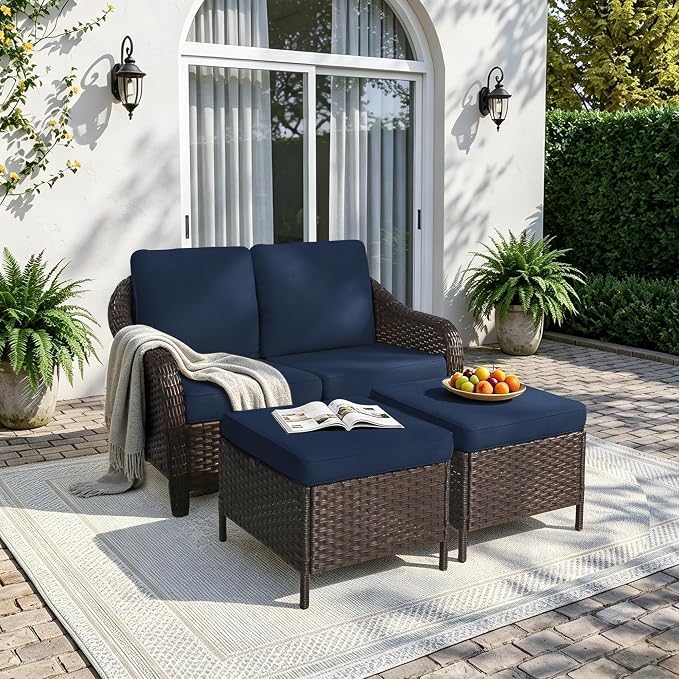 3 Piece Patio Wicker Conversation Set, All-Weather Use Outdoor Wicker Loveseat with 2 PE Rattan Ottomans, Ideal for Porch, Backyard, Balcony, Poolside, Blue
