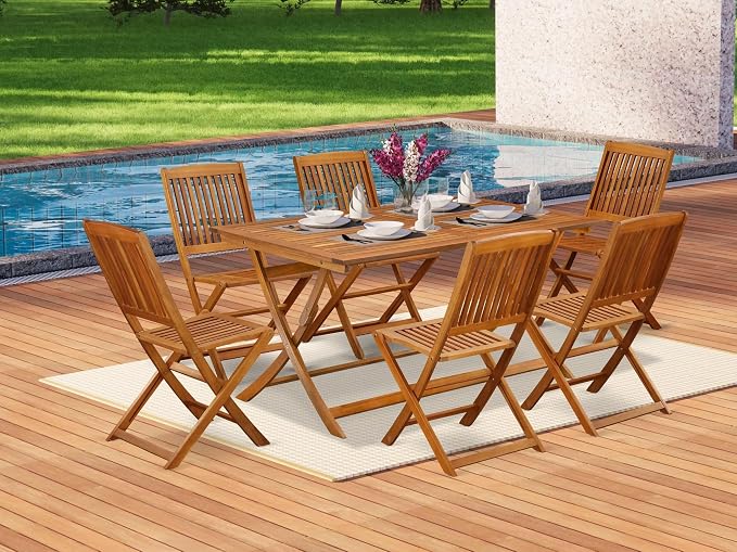 East West Furniture AECM7CWNA 7 Piece Patio Dining Set Consist of a Rectangle Outdoor Acacia Wood Table and 6 Folding Side Chairs, 36x60 Inch, Natural Oil