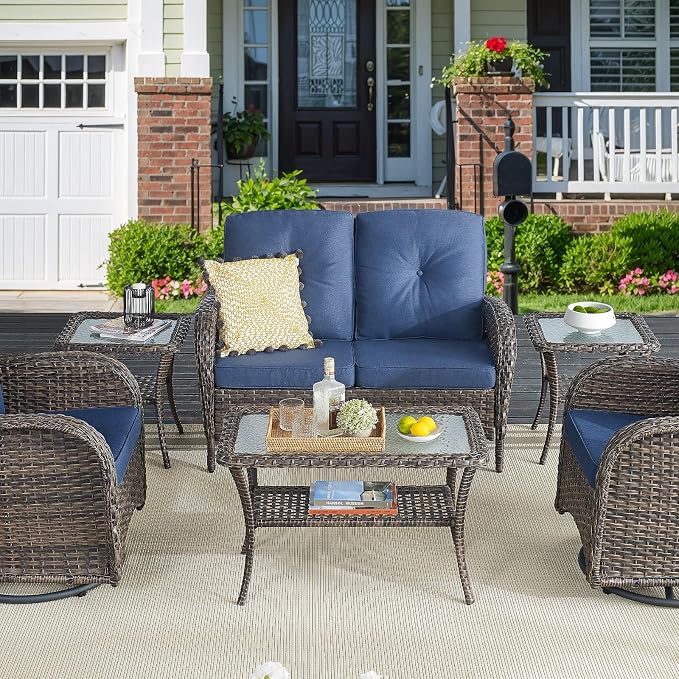 Belord 38 Inch Outdoor Coffee Table with 2 Tier Storage - Wicker Coffee Table with Water Ripple Texture Tempered Glass Top, All Weather Patio Coffee Table for Deck Porch Balcony Garden Brown