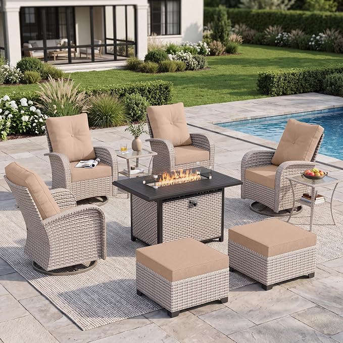 9-Piece Patio Furniture Set, Outdoor Swivel Rocking Chairs Set with 55,000 BTU Fire Pit Table,All Weather Conversation Set for Porch Poolside Balcony