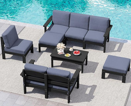 SERWALL 9 Pieces Patio Furniture Set, HDPE Outdoor Sectional Sofas, Outdoor Couch Set with Cushions and Coffee Table, Extra-Large Modular Conversation Set for Garden, Black Frame with Grey Cushion