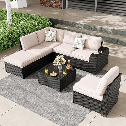 7 Pieces Outdoor Patio Furniture Set, Wicker Conversation Sets with Tea Table, Rattan Patio Sofa with Thick Cushions for Garden, Backyard Porch, Poolside,Beige