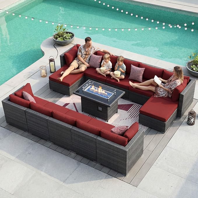 NICESOUL Backyard Furniture Set with Firepits Natural Gas/Propane, 12 Seater XL Oversized Wicker Sectional Couches, 29.3'' High Back Comfy Deep Wide Outdoor Patio Sofa Set, 2 Color Cushion Red & Gray