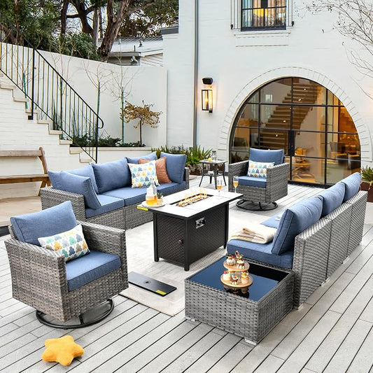 CAODOC 11 Piece Outdoor Patio Furniture Set with 42" Fire Pit Table, Wicker Sectional Conversation Set Whit Swivel Chairs,Modern Outside Sofa for Balcony Backyard(Blue)