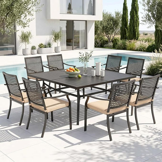 PHI VILLA Outdoor Dining Set for 8, Square Metal Table w/Umbrella Hole | 9 pcs 57.5" black wrought iron furniture set w/ cushions. All weather for patio, deck, yard, porch