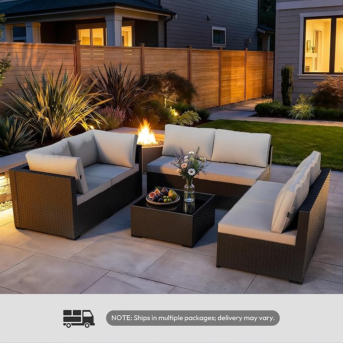 WWR Patio Furniture Set 7 Piece - All-Weather - Wicker Rattan Patio Outdoor Conversation Set, Modular Sectional Sofa for Backyard, Garden, Poolside, Balcony, Porch, Patio, Black/Light Gray