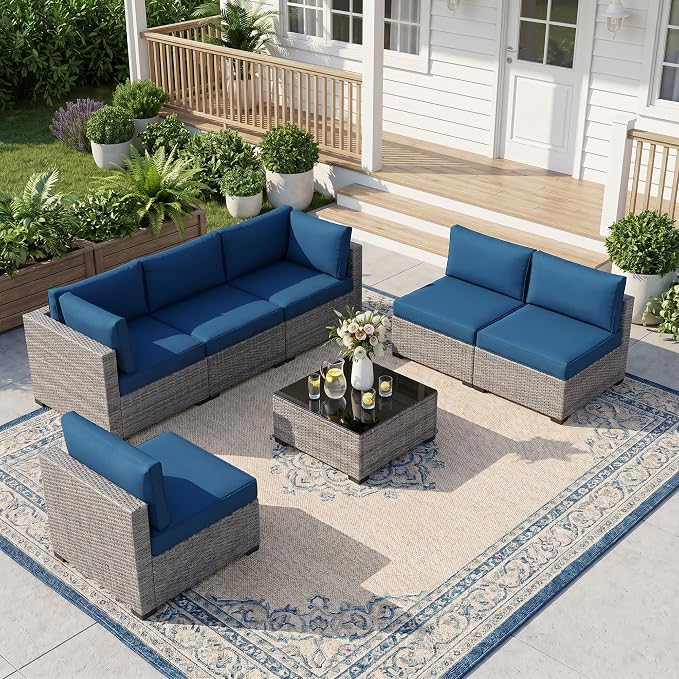 LOUVIXA 7 Piece Outdoor Patio Furniture Set, Outdoor Sectional Sofa, Wicker Rattan Patio Furniture, Patio Conversation Set with Coffee Table & Cushions
