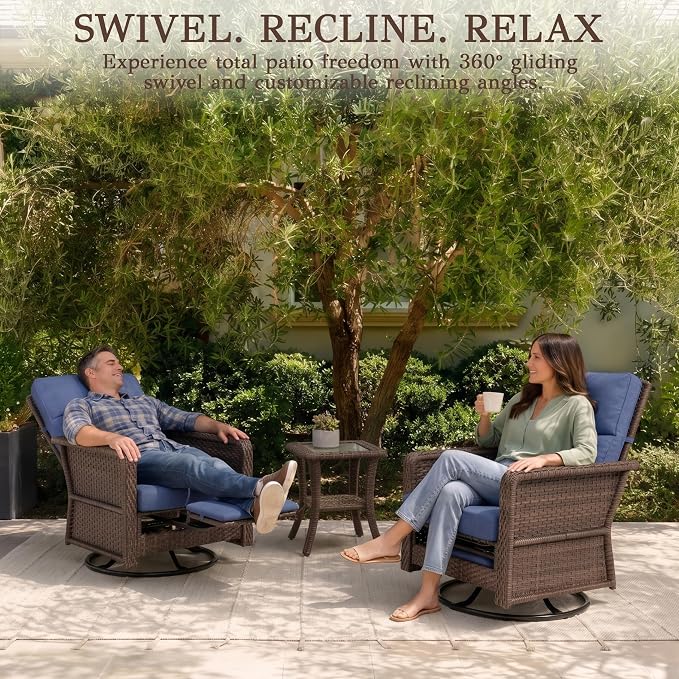Outdoor Swivel Recliner Chair Set of 3 - Ergonomic Reclining Patio Chair with Adjustable Backrest and Footrest, All-Weather Wicker Chaise Lounge Outdoor with Side Table