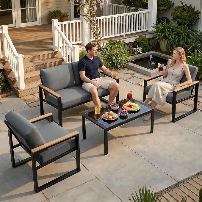 NATURAL EXPRESSIONS 4 Pieces Patio Furniture Sets,Metal Outdoor Patio Furniture Sets,Outdoor Sectional Patio Conversation Set,Wooden Anti-Scald Armrest,Sling Mesh,4" Olefin Cushions Dark Grey
