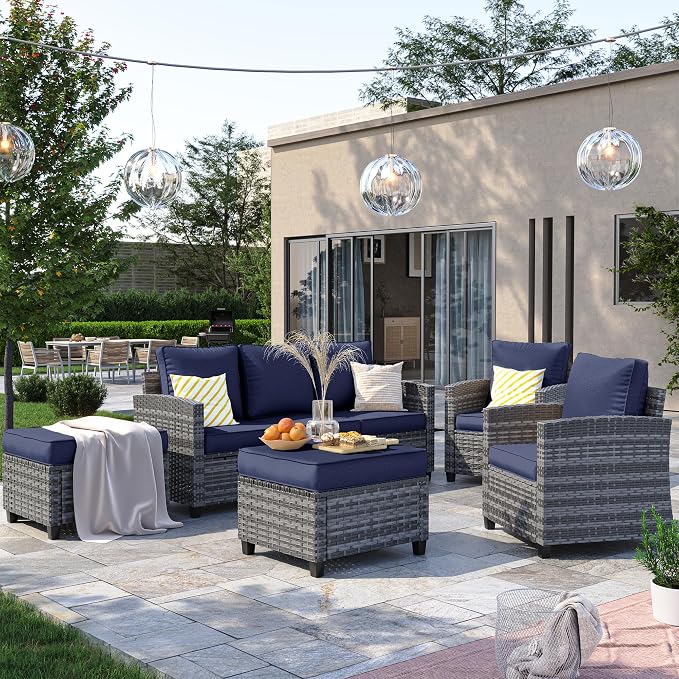 Outdoor Furniture Set, 5 Pcs Wicker Patio Couch with Chairs, Ottomans and Thick Cushions, All Weather Wicker Rattan Patio Conversation Set,Navy Blue