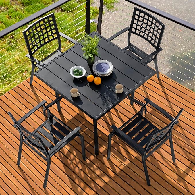 NUU GARDEN 5 Piece Outdoor Patio Dining Set, 37" Square Dining Table with 1.57" Umbrella Hole and 4 Dining Chairs, Powder-Coated Finish, for Garden,Patio, Deck, Backyard, Black