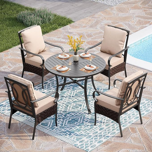 PHI VILLA 5-Piece Outdoor Dining Sets, All-Weather Patio Table and Chairs Set for 4, Heavy Duty Patio Round Table Set for Deck, 4 Extra Large Outdoor Metal Wicker Dining Chairs with Thick Cushions