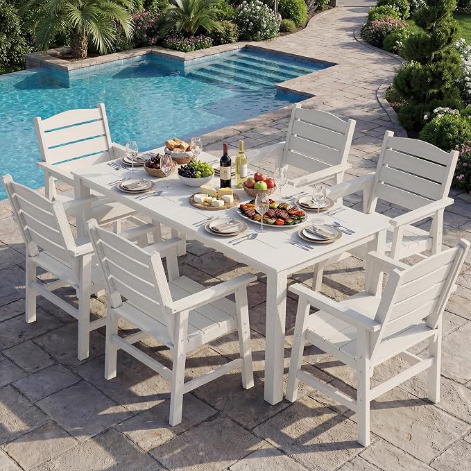 YEFU Patio Dining Sets 7-Piece: All-Weather Outdoor Table and Chairs with Umbrella Hole & Aluminum Frame - HIPS Patio Dining Set for 6 Modern Outside Furniture for Family Meals in Deck/Pool White