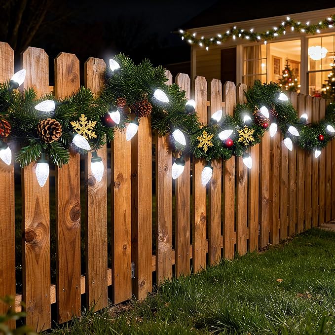 C9 LED Christmas Lights Outdoor,33 Feet 50 LED 8 Lighting Modes Waterproof Connectable Christmas String Lights for Outside Roofline Patio Home Xmas Decorations (Cool White)