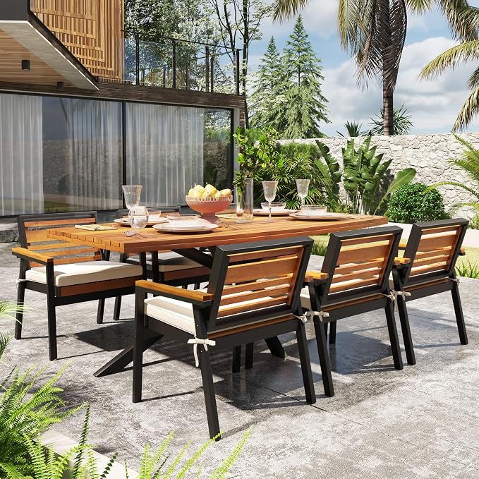7-Piece Outdoor Patio Dining Set, All-Weather Rectangle Table and 6 Chairs with Dual-Layer Iron & Acacia Wood Seat Frame and Detachable Cushions for Backyard Garden Poolside (Beige-5.14)
