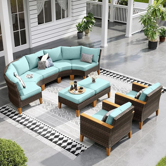 Sophia & William Outdoor Wicker Sectional Sofa Set, 9 Piece Half Moon Curved Patio Furniture Modern Round Outdoor Couch Conversation Set with Ottoman for Backyard, Pool, Garden(Aqua Blue)