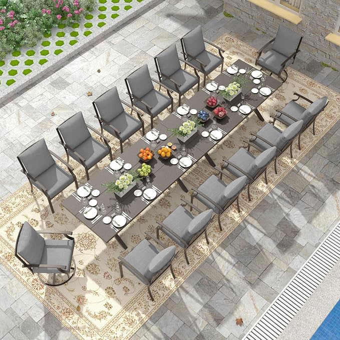 16 PCS Outdoor Patio Dining Set,Patio Table and Chairs Metal Outdoor Patio Furniture Set with Umbrella Hole,Dining Table Set with Swivel Chairs for Deck,Backyard and Garden,Grey