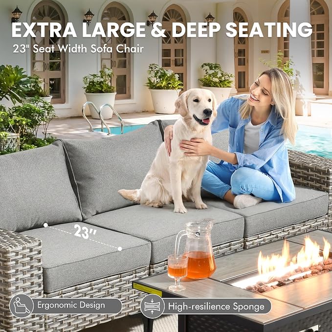 8 Pcs Patio Outdoor Furniture Set - All Weather Wicker Outdoor Sectional Sofa Couch with Swivel Rocking Chairs and Coffee Table,Patio Modular Rattan Conversation Set for Garden Deck Yard,Dark Grey