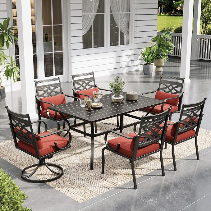 Sophia & William 7-Pieces Patio Dining Set Umbrella Swivel Chairs 60" Red | Fixed Chairs, Umbrella Hole, Removable Cushions, Metal Frame, Cushions