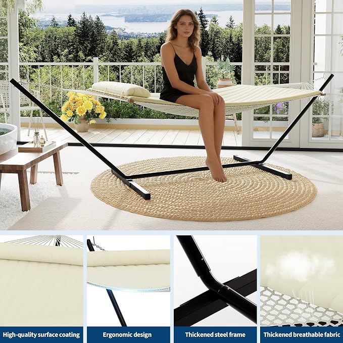 12 ft Double Hammock with Stand, Portable 2 Person Outdoor Hammock with Stand for Patio, Backyard, Garden, Heavy Duty Hammock with Soft Pillow & Balance Ropes, Folding Hammock, Beige