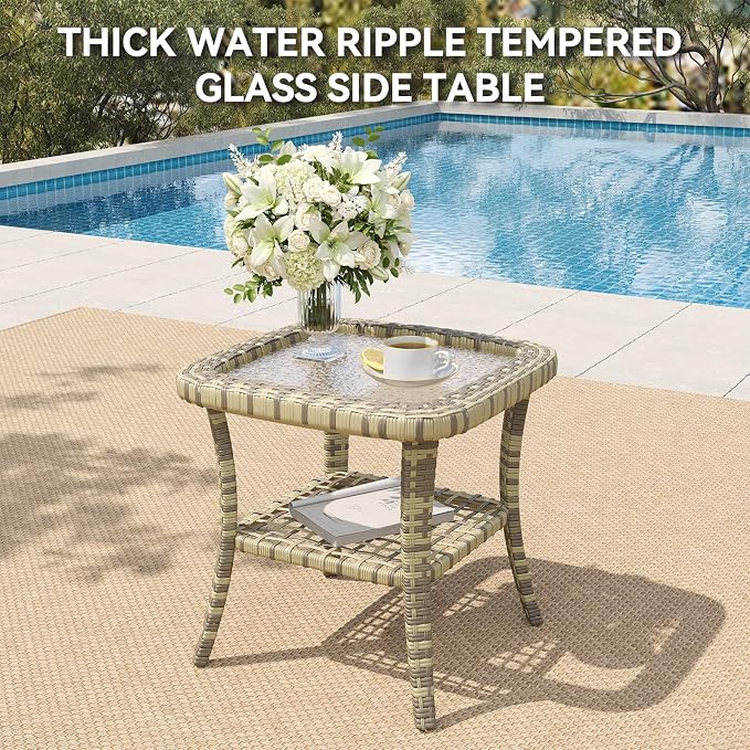 LazySunsets 9 Piece Outdoor Patio Furniture Set with 44'' Fire Pit Table, Wicker Rattan Outdoor Furniture with High Back Swivel Rocker Chairs, Outdoor Sofa Set with Thick Cushions & Ottoman, Grey