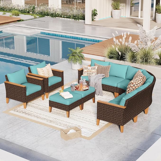 GREEN PARTY 10 Pieces Wicker Patio Furniture Set, All-Weather Outdoor Rattan Half-Moon Curved Patio Sectional Sofa Conversation Set with 4" Thick Cushions for Garden, Backyard, 2 x Ottomans (Blue)