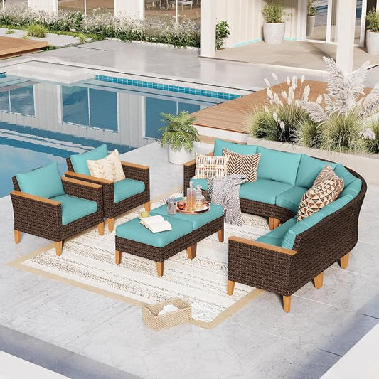 GREEN PARTY 10 Pieces Wicker Patio Furniture Set, All-Weather Outdoor Rattan Half-Moon Curved Patio Sectional Sofa Conversation Set with 4" Thick Cushions for Garden, Backyard, 2 x Ottomans (Blue)
