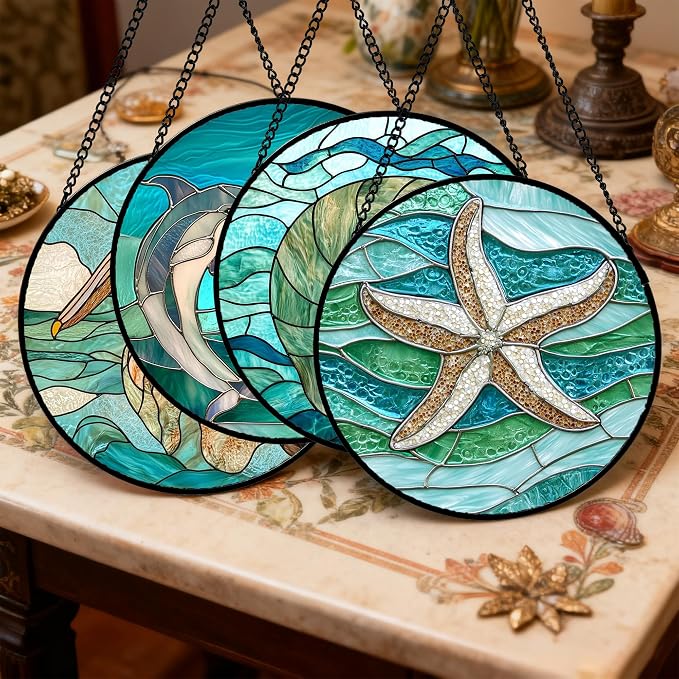 DASTOLL Stained Glass Window Hanging 4 Pcs Set Cyan Ocean Life Theme Large 15" - Sea Starfish Suncatcher Door Garden Sun Catcher Decor Birthday for Mom Woman Nana Men Friend