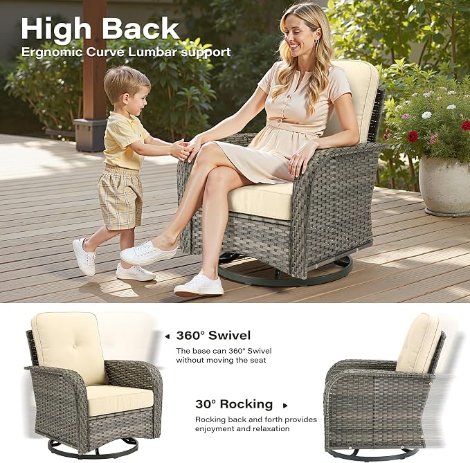 8 Pieces Patio Conversation Sets,Patio Furniture Set with Swivel Rocking Chairs,Coffee Table, Side Table, All Weather Rattan Wicker Outdoor Sectional Furniture Set for Porch Balcony Backyard Beige