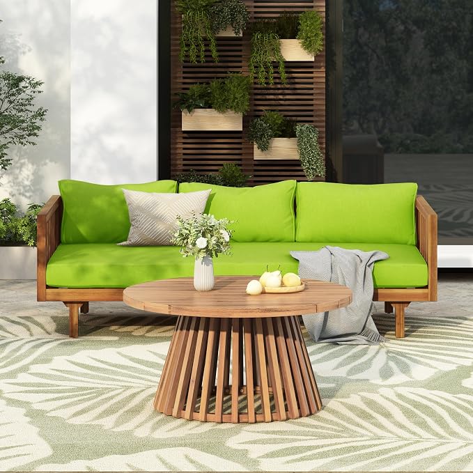 Christopher Knight Home Charm Patio Conversation Set, 3 Seater Acacia Wood Sofa, Spacious Seating Daybed, Wood Coffee Table, Round Side Table, Outdoor Furniture for Backyard Garden Gathering, Green