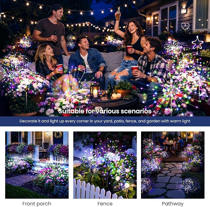 6Pack Solar Lights Outdoor, Multicolor Firework Lights | 120LED Fireworks Lights Solar Powered, Waterproof Fairy Garden Lights Decor Outside for Yard Pathway Lawn Patio