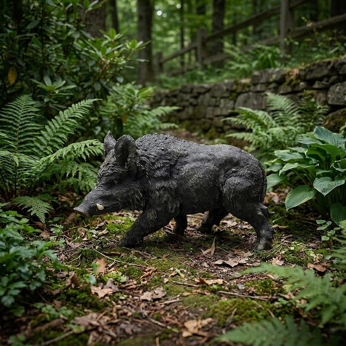 Rustic Wild Boar Garden Statue, Black, 21.26 Inch Resin | Animal Sculpture, Textured Fur & Prominent Tusks, Outdoor Ornament, For Lawn, Patio & Woodland Landscape