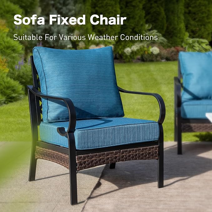 SUNSHINE VALLEY 5 Piece Metal Outdoor Patio Furniture Set, Patio Conversation Sets 3-Seater Sofa, 2-Seater Sofa, 2 Fixed Chair with 5.75" Thick Cushion & Coffee Table Black Backyard Furniture, Blue-2