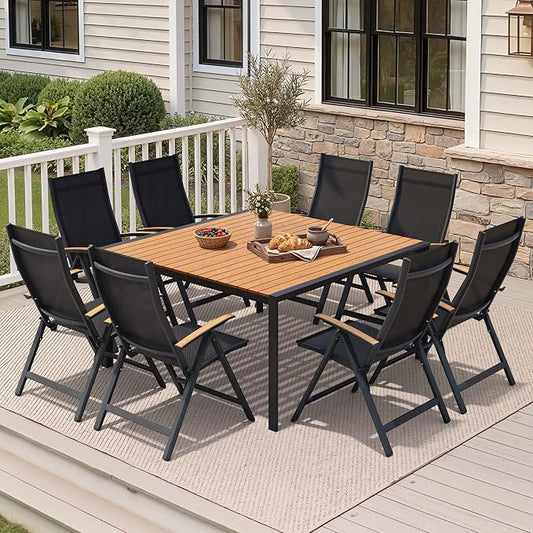 9-Piece Patio Dining Set, 56" Square Outdoor Table with Recliner Chairs | Aluminum Frame Adjustable Back& WPC Tabletop with Umbrella Hole for Garden Backyard Porch, Brown