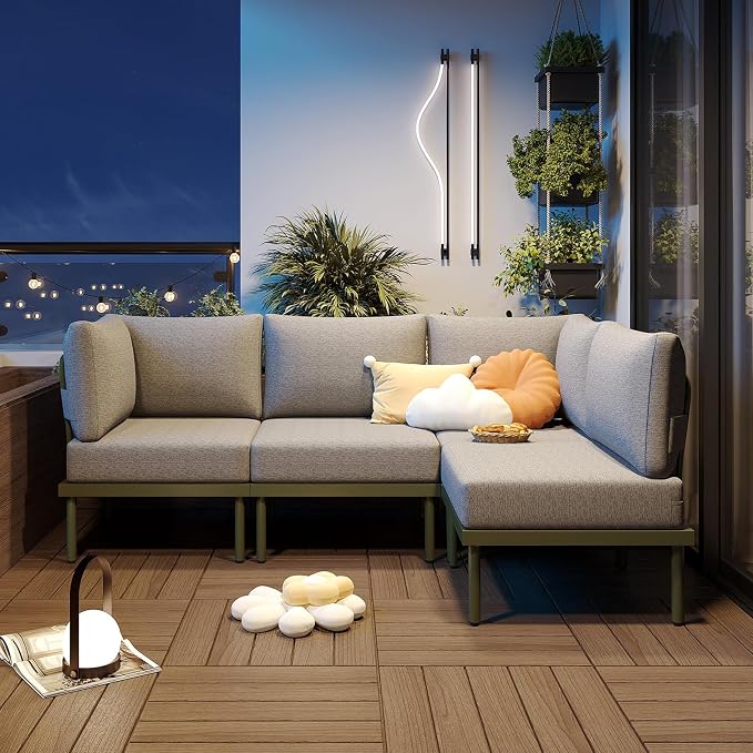 Sundale Outdoor 4 Pieces Patio Furniture Set, Metal Sectional Sofa Patio Conversation Set with 6 Inch Cushions, Modern Patio Corner Couch for Balcony, Porch, Sunroom (Grey/Green)