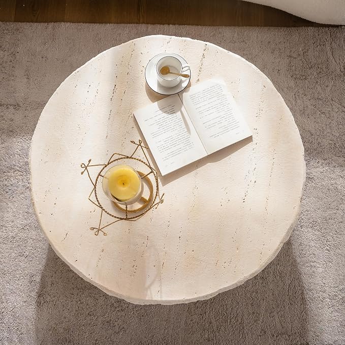 Round Coffee Table for Living Room Outdoor Faux Stone Coffee Table Amber Travertine Concrete Pattern, 31.49" Modern Faux Marble Center Tables Tea Tables, No Need Assemble, Beige