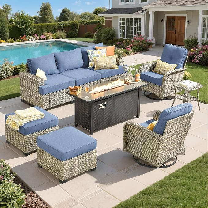 Wicker Patio Furniture Set with Fire Pit Table,9 Pieces Outdoor Sectional with Swivel Chairs Ottoman,Out Door Furniture Conversation Set,Denim Blue