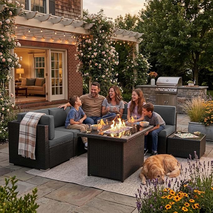 6 Pieces Patio Furniture Set with 44" Propane Gas Fire Pit Table, Outdoor Sectional Wicker Conversation Sofa Sets with Coffee Table