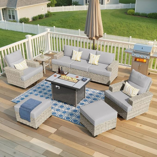 Weaxty 9 Pieces Wide Seats Outdoor Furniture Set, Sectional Couch Swivel Rocking Chair Ottoman Fire Pit Table, Thick Cushion All-Weather Rattan Patio Conversation Sets for Backyard Deck, Grey