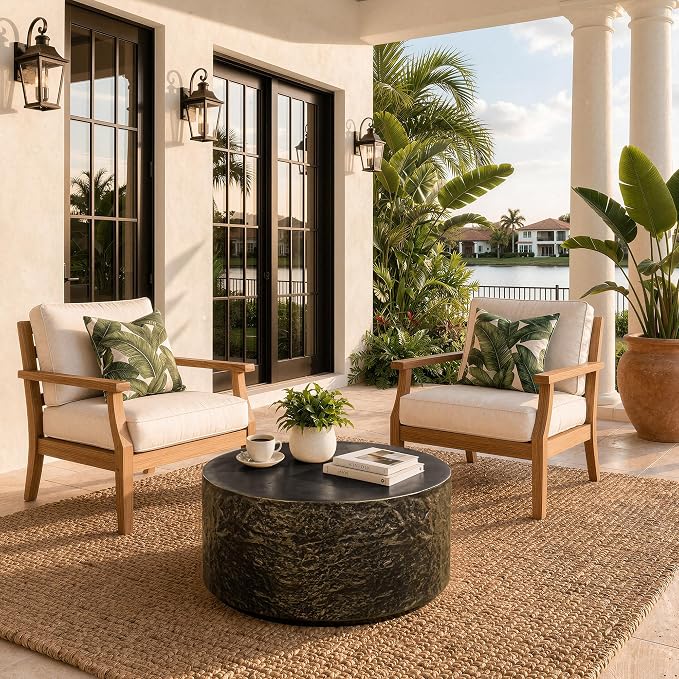 UPHA 28" Round Outdoor Coffee Table, Modern Hollow Concrete Patio Table, Small Minimalist Low Accent Table for Living Room, Balcony, Deck, Backyard, Bronze