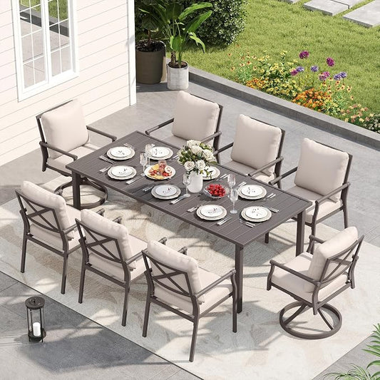 HAPPATIO Patio Dining Set, Powder-Coated Metal Outdoor Table and Chairs Set for 8, 6 Chairs and 2 Swivel Rockers with Thick Cushions, 80" Rectangular Table with 1.5" Umbrella Hole for Deck Yard