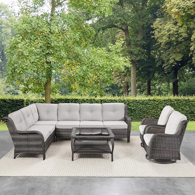 Belord Patio Furniture Set 6 Seats, Outdoor Swivel Rocker Patio Chairs, Oversized Outdoor Sectional Couch, Two 3-Seater Sofas with Coffee Table, Ideal for Porch, Deck, Mixed Grey Wicker/Beige