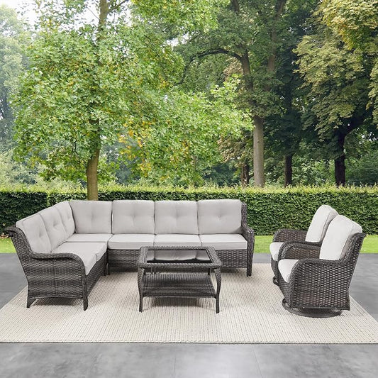 Belord Patio Furniture Set 6 Seats, Outdoor Swivel Rocker Patio Chairs, Oversized Outdoor Sectional Couch, Two 3-Seater Sofas with Coffee Table, Ideal for Porch, Deck, Mixed Grey Wicker/Beige